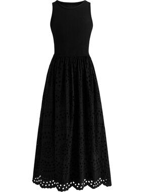 Women's Dress Maxi Black Crew Neck Short Sleeveles Pockets A Line Casual Summer